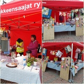 Torilla ennen Äitienpäivää 11.5.2019 myymässä leivonnaisia, käsitöitä ym.
ja tietysti arpoja. Oli viileä ilma, mutta ei se meitä myyjiä lannistannut.